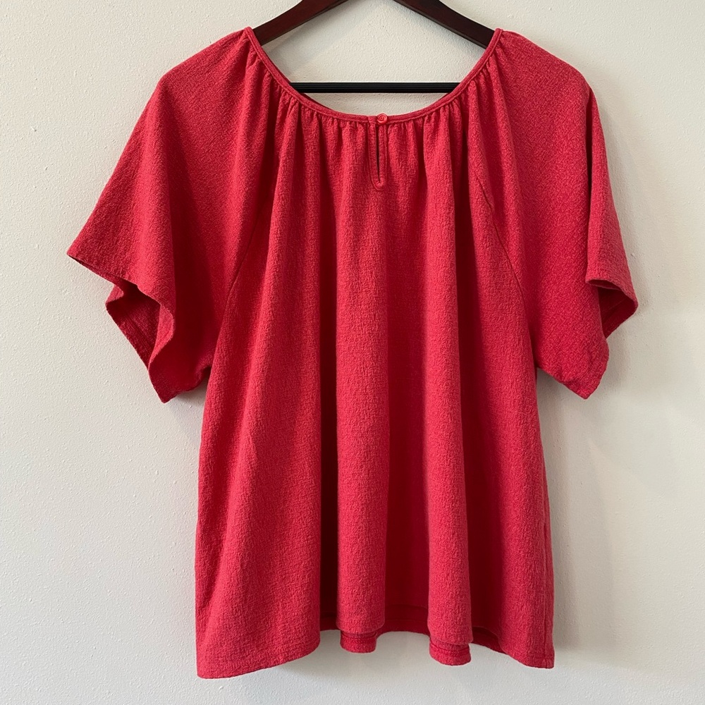 Red/Coral Top 14/16 Jacquard Texture Woven Knit Keyhole Front Short Sleeve